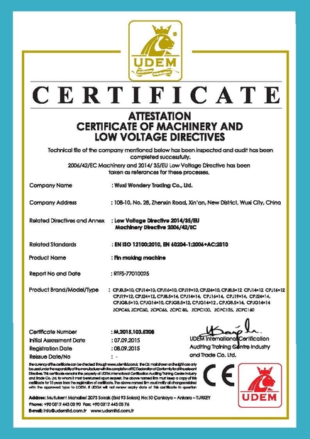 Chiny Wuxi Wondery Industry Equipment Co., Ltd Certyfikaty