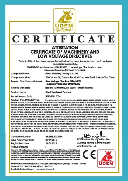 Chiny Wuxi Wondery Industry Equipment Co., Ltd Certyfikaty